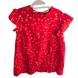 NEW Shein Curve Blouse Size 1XL Red Floral Ruffle Sleeve Lightweight Top